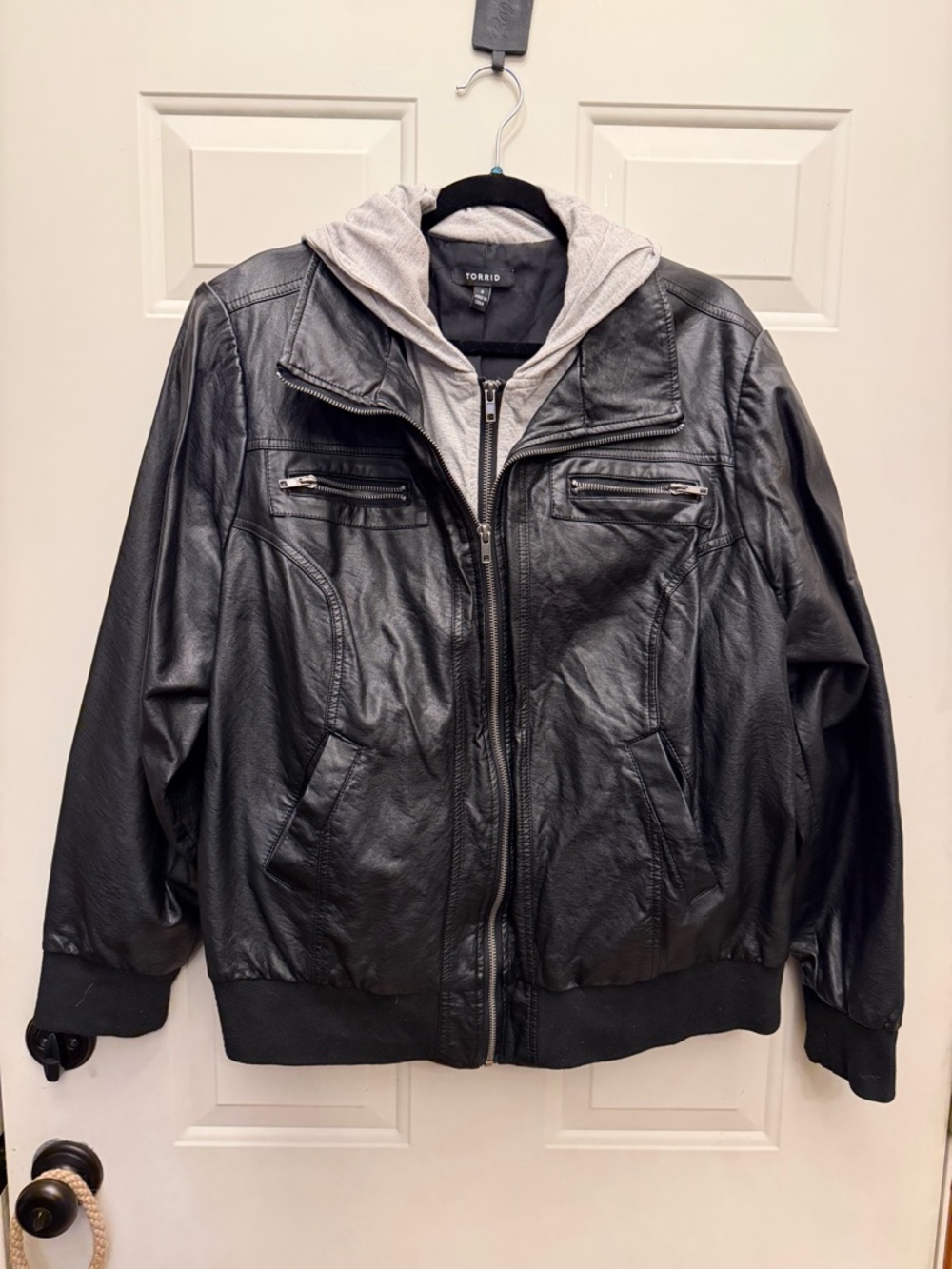 Torrid Black Faux Leather Bomber with Gray Hood